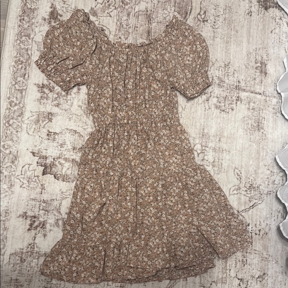 Beige Floral Dress with Puff Sleeves